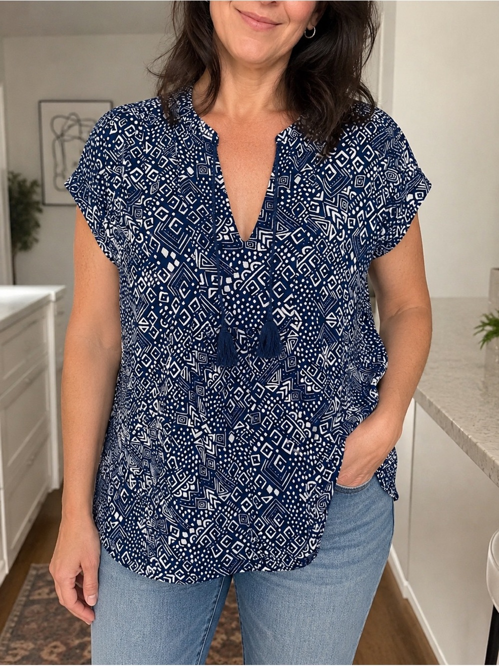 Size XL - Tahari blue white geometric tassel short sleeve blouse